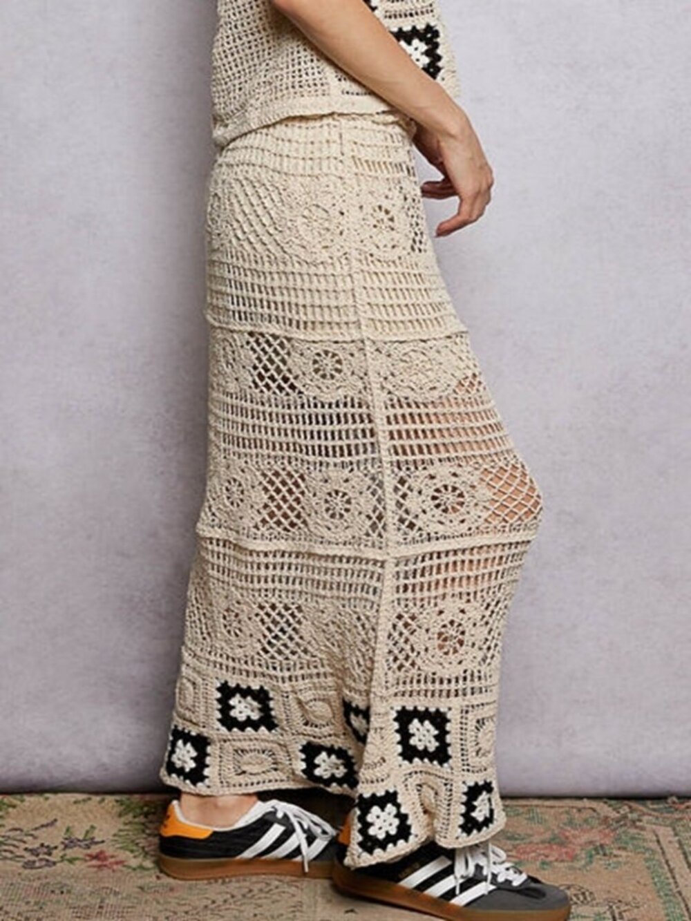 Floral Crochet Ruffled Waistband Maxi Skirt with Granny Square Weave - Picture 2 of 5